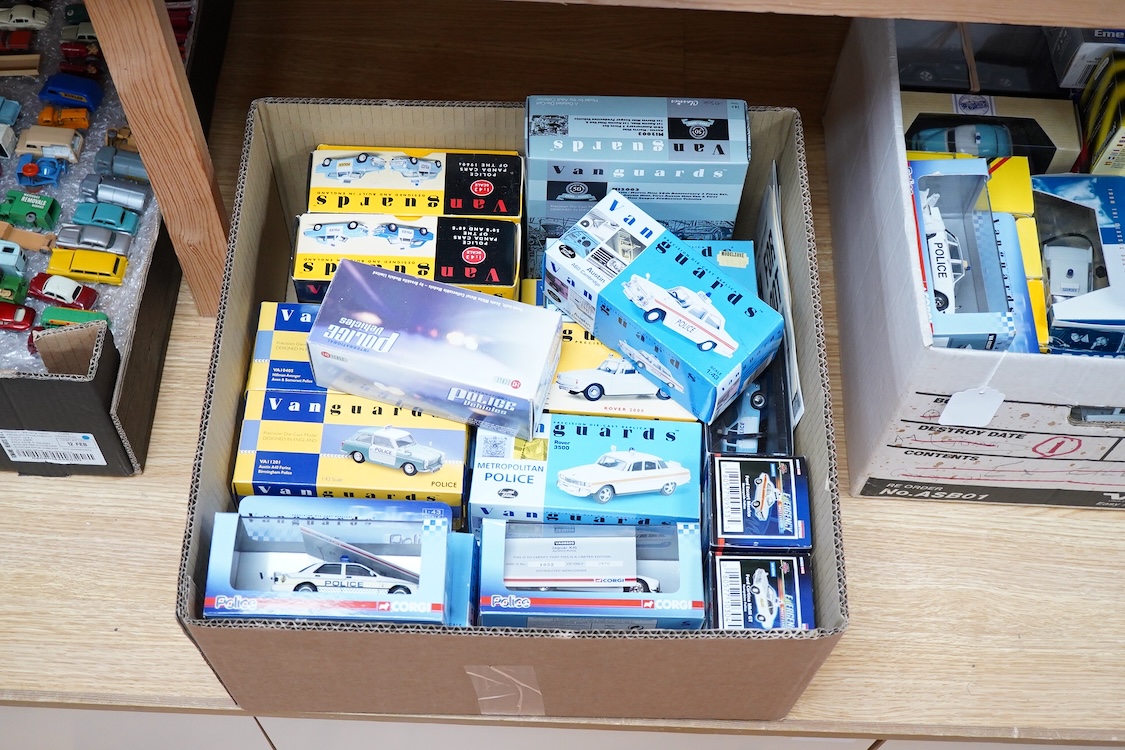 A collection of boxed diecast vehicles, mainly Police related, by Vanguards, Corgi, Cararama, etc. including a Brooklin Models white metal model of a 1972 Vauxhall Ventura (IPV04) in Huddersfield & District (West Yorkshi